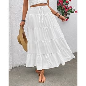 Women's Elegant Fashion Casual Maxi Mid Rise Skirts Plain Ruched Drawstring Micro-elastic Daily Street Navy Black White Pink Summer