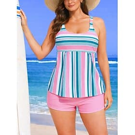 Women's Bathing Suit Tankini Two Piece Swimsuit Stripes Tummy Control Elastic Sleeveless Swimwear Surfing Beach Vacation Summer