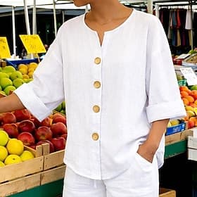 Women's 100% Cotton Linen Shirt Summer Shirt Beach Shirt Button Up Shirt Buttons Plain Stylish Basic Casual 3/4 Length Sleeve V Neck Daily Holiday Vacation Wea