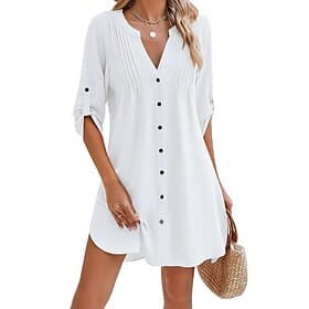Women's Mini Dress White Dress Beach Dress Black Dress Cover Up Elegant Fashion Classic Daily Outdoor Beach Regular Fit Plain Long Sleeve V Neck Black White Ro