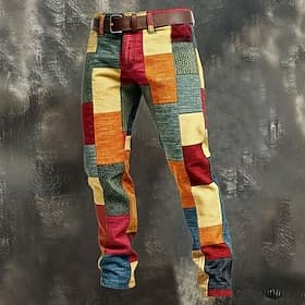 Men's Geometric Color Block Patchwork Trousers Dress Pants Suit Pants Mid Waist Casual Outdoor Vacation Slim Fit Pants with Pockets Spring Fall 3D Print Blue O