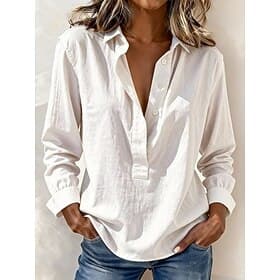 Women's Popover Shirt Summer Shirt Casual Shirt Blouse Buttons Solid Color Fashion Casual Long Sleeve Turndown Regular Tops Daily Beach Holiday Blue White Yell