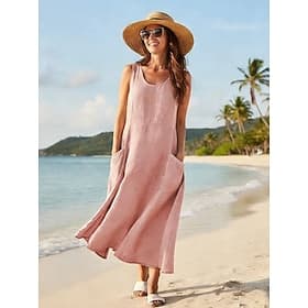 Women's Midi Dress A Line Dress Summer Dress Casual Regular Fit Plain Sleeveless V Neck Pink Purple Khaki Summer Spring