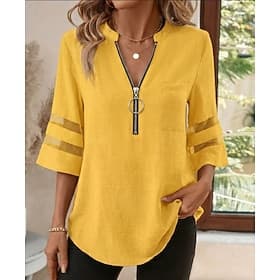 Women's Shirt Blouse Black White Yellow Plain Striped Zipper 3/4 Length Sleeve Daily Holiday Basic Business Casual V Neck S