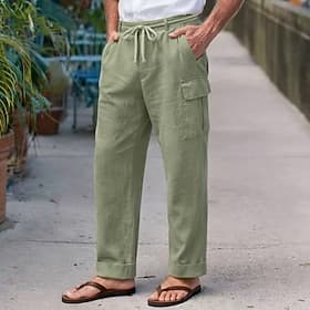 Men's Cargo Trousers Linen Pants Summer Pants Casual Pants Drawstring Elastic Waist Multi Pocket Plain Comfort Breathable Full Length Casual Daily Holiday Vaca