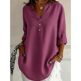 Women's Shirt Linen-feel Shirts Casual Shirt Blouse Buttons Plain Stylish Classic Modern Long Sleeve Stand Collar Regular Tops Daily Holiday Going out Blue Bla