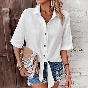 Women's Casual Shirt Button Up Shirt Blouse Ruched Tie Front Buttons Solid Color Plain Daily Stylish Casual Half Sleeve Turndown Regular Tops Daily Holiday Bea