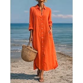 Women's Cotton Linen Maxi Dress Shirt Dress Shift Dress Casual Daily Loose Fit Plain Long Sleeve Lapel Blue Black White Light Green Summer Spring Fall