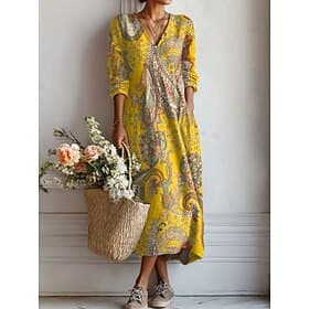 Robe Maxi Femme Lin Comme Respirante Léger Robe de Plage Robe A Ligne Vacances Décontractée Bohème Vacances Ajustement Régulier Florale Graphique Bloc de Coule