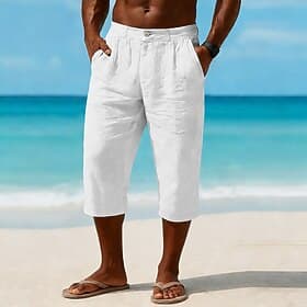 Men's Linen Pants Capri Pants Summer Pants Pocket Elastic Waist Plain Comfort Breathable Calf-Length Daily Outdoor Beach Vacation Fashion Blue Dark Khaki Micro thumbnail 2