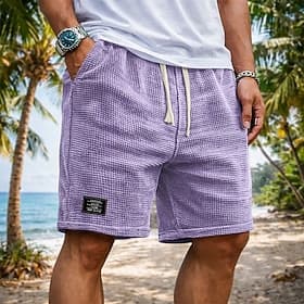 Men's Waffle Shorts Shorts Summer Shorts Beach Shorts Casual Shorts Drawstring Elastic Waist Solid Color Plain Comfort Breathable Knee Length Daily Outdoor Str