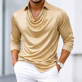 Men's Shirt Satin Shirt Dress Shirt Button Up Shirt Prom Shirt Solid Color Party Wedding Black Wine Navy Blue Gold Long Sleeve Turndown All Seasons Clothing Ap