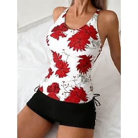 Damen Badeanzug Tankini Zweiteilig Shorts Bademode Bauchkontrolle Hohe Taille Schlank Rückenfrei Urlaub Strandbekleidung Blumen Blätter U-Ausschnitt Ärmellos B