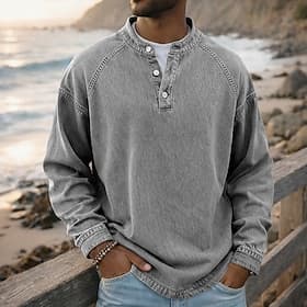SoftFade™ Men's T Shirt Henley Shirt 100% Cotton Acid Wash Shirt Tee Top Long Sleeve Solid Color Plain Vintage Streetwear Casual Garment Dyed Plain Washed Stan
