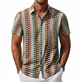Herren Hemd Textur Freizeithemd Knopfhemd Jacquard-Hemd Rote Grün Kaki Kurzarm Geometrisch Einfach Hemdkragen Lässig Täglich Loch Bekleidung Elegant Mode Lässi