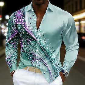 Men's Geometric Waves Abstract Art Shirt Satin Shirt Casual Dress Shirt Long Sleeve Fashion Casual Vacation Dailywear Summer Spring Turndown 3D Print Button Up