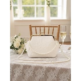 Women's Lace Frame Bag with Pearl Strap, Romantic Classic Style, for Weddings, Bridal Events and Elegant Evenings
