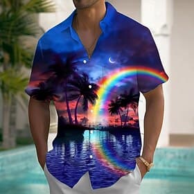Men's Rainbow Coconut Tree Landscape Summer Hawaiian Shirt Button Up Shirt Aloha Shirt Short Sleeve Hawaiian Vacation Summer Spring Turndown 3D Print Collared
