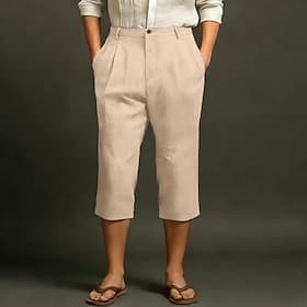 Men's Capri Pants Linen Pants Summer Pants Pocket Elastic Waist Plain Comfort Breathable Calf-Length Daily Outdoor Beach Fashion Classic Style Dark Khaki Black