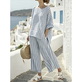 Women's Linen-feel Set Pants Sets Bolero 3/4 Length Sleeve Crew Neck Striped Fashion Streetwear Casual Daily Outdoor Blue Black White Summer Loose Fit