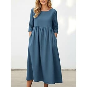 Women's Midi Dress Faux Cotton Linen Cotton Linen Dresses Shift Dress Fashion Modern Daily Vacation Holiday Loose Fit Plain Half Sleeve Crew Neck Blue White Li