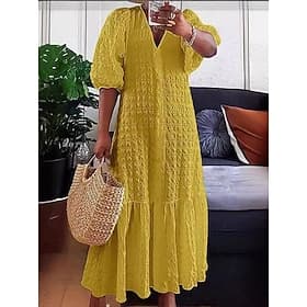 Women's Midi Dress A Line Dress Casual Daily Loose Fit Plain Half Sleeve V Neck Black White Yellow Summer Spring Fall