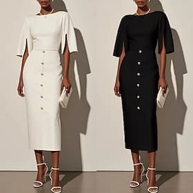 Women's Midi Dress Work Dress Sheath Dress Elegant Fashion Modern Office Regular Fit Plain Half Sleeve Crew Neck Black White Spring Fall