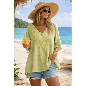 Women's Shirt Cotton Linen Shirts Blouse Embroidered Solid Color Fashion Casual Round Neck Daily Street White Yellow Red Green Khaki Summer