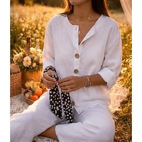 Women's Shirt Cotton Linen Shirts Button Up Blouse Buttons Solid Color Basic Casual 3/4 Length Sleeve V Neck Regular Tops Daily Black White Red Khaki Summer