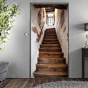 Door Cover 3D Optical Illusion 2D Flat Print Wooden Staircase in Stone Wall Design Perspective Corridor Decal