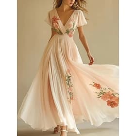 Women's Maxi Dress Casual Dress Chiffon Dress Floral Dress Elegant Fashion Modern Outdoor Vacation Going out Regular Fit Floral Short Sleeve V Neck Pink Summer
