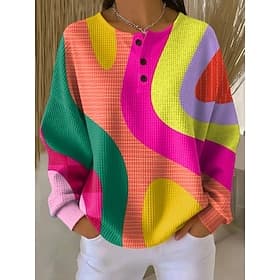 Women's Hoodies Buttons Graphic Geometric Color Block Fashion Casual Print Long Sleeve Crew Neck Round Neck Regular Tops Casual Street Blue Pink Orange Green S