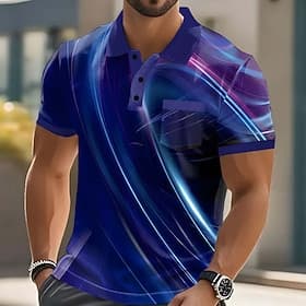 Men's Geometic Line Polo Short Sleeve Polo Shirts Collared Shirts Casual Outdoor Athleisure Daily Wear 3D Print Buttons Summer Spring Blue Red Purple