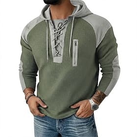 Men's Waffle T-shirt T Shirt Waffle Henley Shirt Long Sleeve Hooded Lace Up Neck Fall  Winter Fall Solid Color Textured Traditional / Vintage Hoodie Drawstring