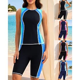 Women's Bathing Suit Tankini 2 Pieces Patchwork Knee-Length Leg Quick Dry Elastic Sleeveless Swimwear Swimsuit Surfing Diving Beach Summer