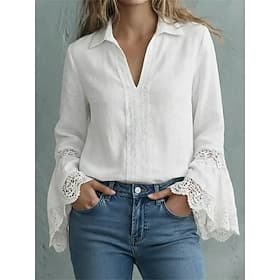 Women's Blouse Dressy Tops Lace Tops Ruched Lace Patchwork Solid Color Plain Elegant Ladies Stylish Long Sleeve V Neck Regular Tops Daily Work Holiday Blue Bla