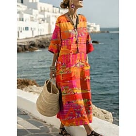 Women's Maxi Dress Linen Like Shift Dress Casual Daily Loose Fit Graphic Abstract Long Sleeve V Neck Blue Royal Blue Purple Orange Summer Spring