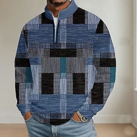Men's Color Block Geometic Polo Long Sleeve Standing Collar Athleisure Vacation Athleisure Casual Daily 3D Print Spring Fall Blue Purple Brown