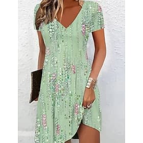 Women's Mini Dress Sundress T Shirt Dress Tee Dress A Line Dress Vacation Casual Boho Beach Going out Regular Fit Floral Graphic Short Sleeve V Neck Green Summ