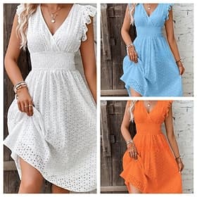 Women's Mini Dress A Line Dress Summer Dress Casual Daily Regular Fit Plain Short Sleeve V Neck Navy Black White Sky Blue Summer Spring
