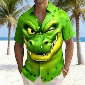 Men's Cartoon Crocodile Wink Shirt Hawaiian Shirt Aloha Shirt Short Sleeve Hawaiian Funny Vacation Holiday Summer Turndown 3D Print Front One Pocket Linen Like