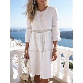 Women's Knee Length Dress White Lace Dress Eyelet Dress Elegant Fashion Modern Outdoor Beach Vacation Loose Fit Plain Half Sleeve Crew Neck Blue White Yellow P