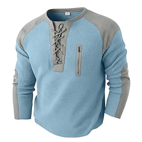 Men's Waffle T-shirt T Shirt Long Sleeve Round Neck Lace Up Neck Fall  Winter Fall Solid Color Color Block Traditional / Vintage Casual Drawstring Home Outdoor