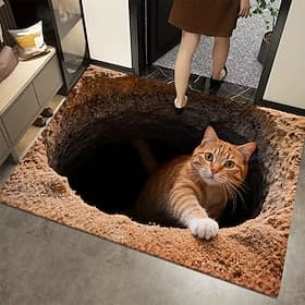 Ginger Cat Peeking from Hole 3D Optical Illusion Doormat 2D Flat Print Rug for Whimsical Entryway Decor and Playful Welcome Mat