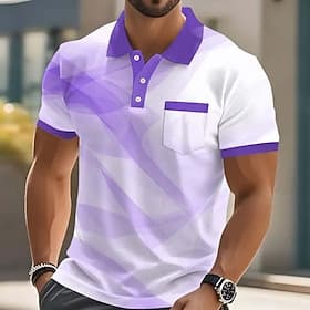 Men's Geometic Polo Shirts Short Sleeve Polo Shirts Collared Shirts Business Casual Outdoor Athleisure Daily Wear 3D Print Buttons Spring  Summer Blue Red Purp