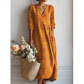 Women's Midi Dress Linen Like Sundress A Line Dress Vacation Casual Boho Holiday Loose Fit Graphic Geometric Color Block Long Sleeve V Neck Blue Orange Summer
