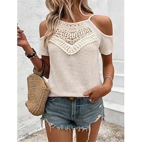 Women's Cold Shoulder Tops Waffle Knit Tops Lace Patchwork Embroidered Solid Color Elegant Stylish Casual Short Sleeve Cold Shoulder Regular Tops Daily Going o