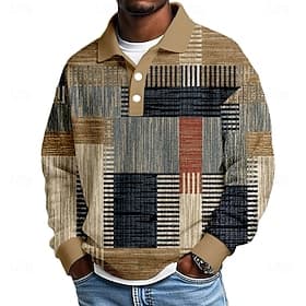 Men's Geometric Color Block Waffle Polo Shirts Textured Long Sleeve Polo Shirts Lapel Casual Athleisure Daily Wear 3D Print Spring Fall Winter Blue Purple Brow
