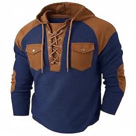 Men's Waffle T-shirt T Shirt Waffle Henley Shirt Shirts With Elbow Patches Long Sleeve Hooded Lace Up Neck Fall  Winter Fall Winter Solid Color Traditional / V