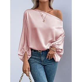 Women's Shirt Satin Shirt Blouse Off The Shoulder Tops Plain Stylish Classic Modern Long Sleeve Off Shoulder Regular Tops Daily Holiday Going out Blue Black Pi